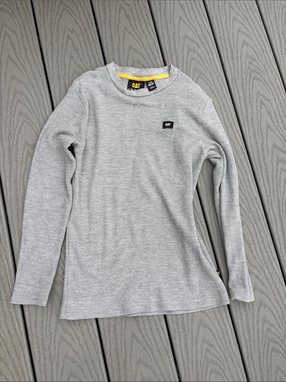 Caterpillar Light Gray Long Sleeve Thermal Tee with Yellow Neck Trim